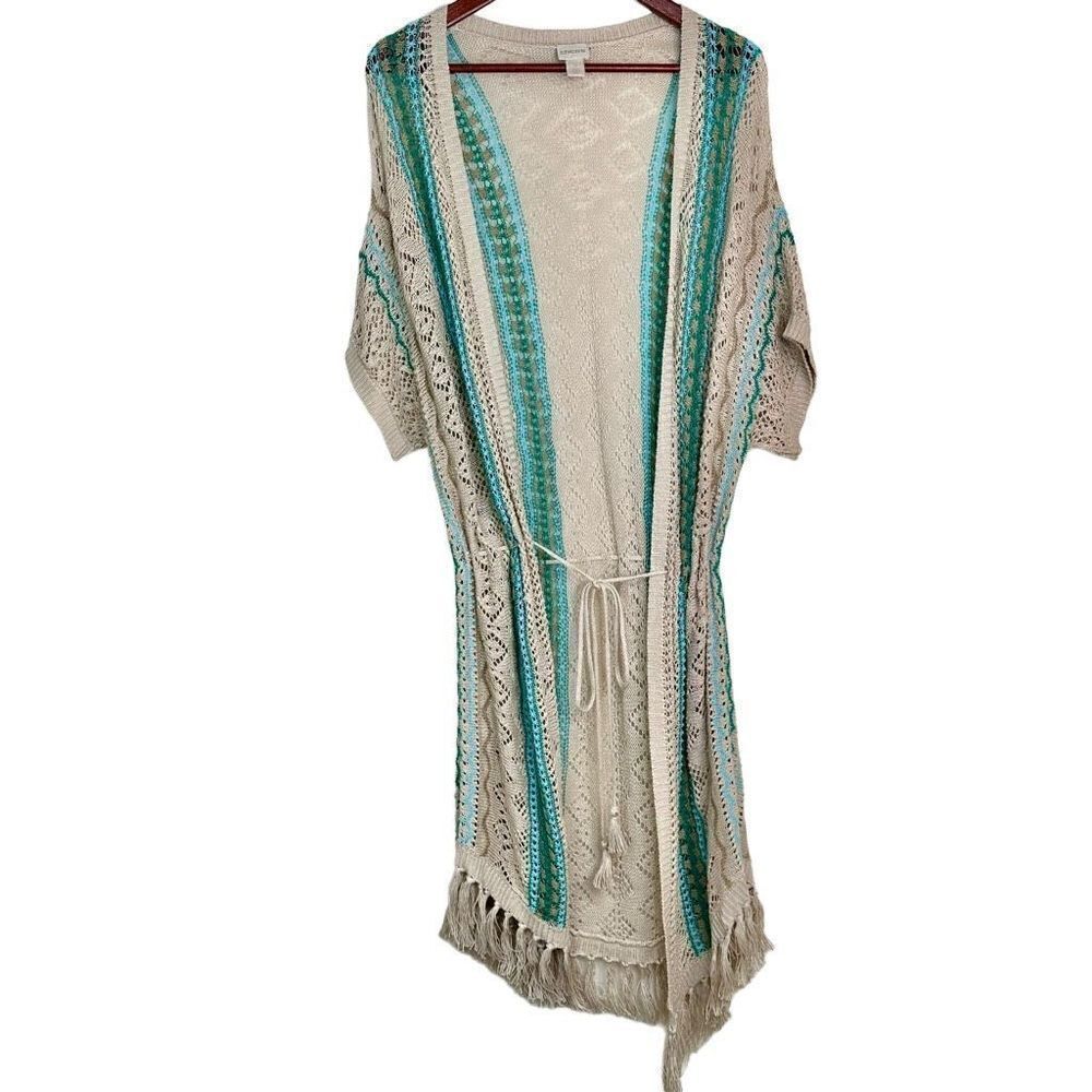 Chico’s 100% Linen Teal Mix‎ Fringe Trim Cardigan Womens Large Boho Beachy